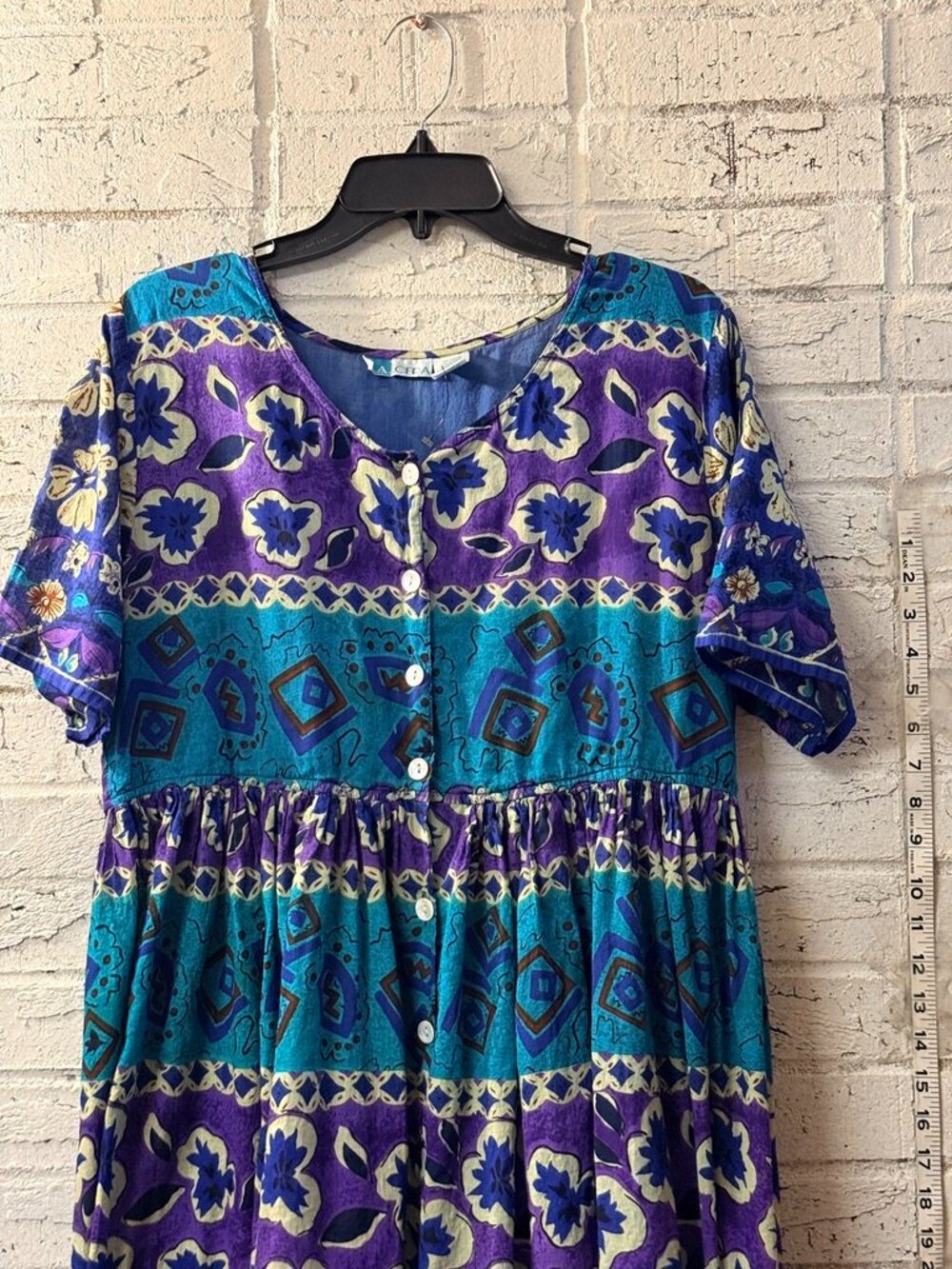La Cera Womens M Purple Teal Floral Button Front Cotton Boho Midi Dress
